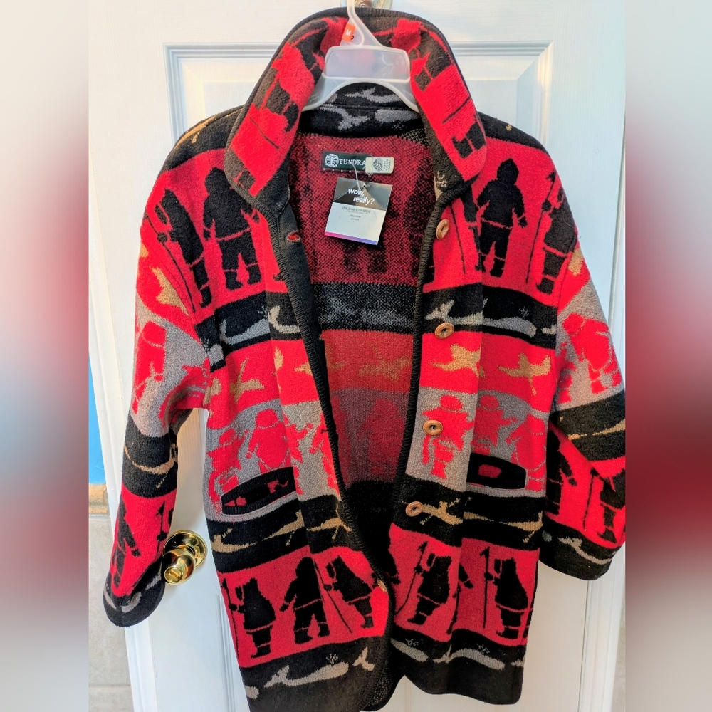 NEW, Tundra Canada Wool Vintage Cardigan With Indigenous Inspired Pattern NWT